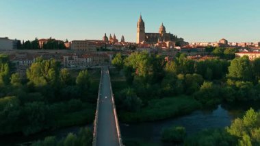 Günbatımında Salamanca 'nın tarihi şehir manzarası Castilla y Leon, İspanya. Salamanca Katedrali, Torre del Clavero ve tarihi üniversitesi olan ortaçağ şehri. UNESCO Dünya Mirası Alanı