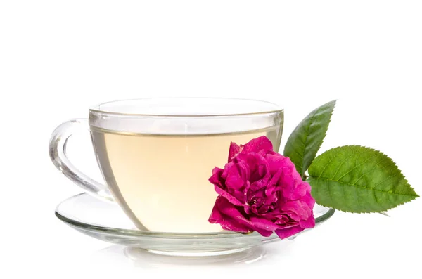 Стеклянная Чашка Чая Розой Изолированы Белом Столе — стоковое фото