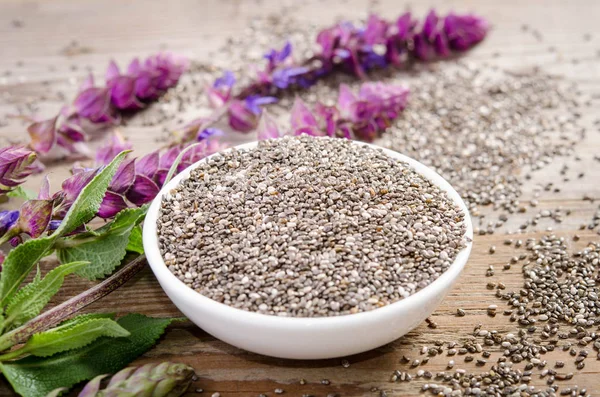 Chia Seed Healthy Superfood Flower Wooden Table — Stock Photo, Image