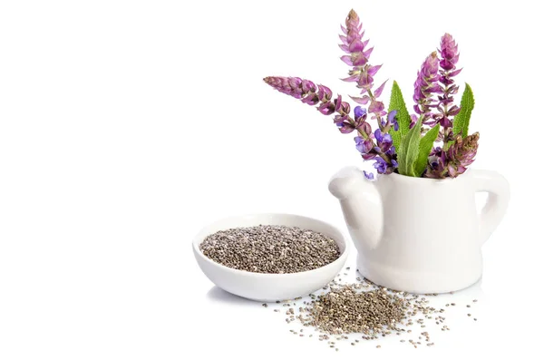 Chiafrön Friska Superfood Med Blomma Isolerad Vit Bakgrund — Stockfoto