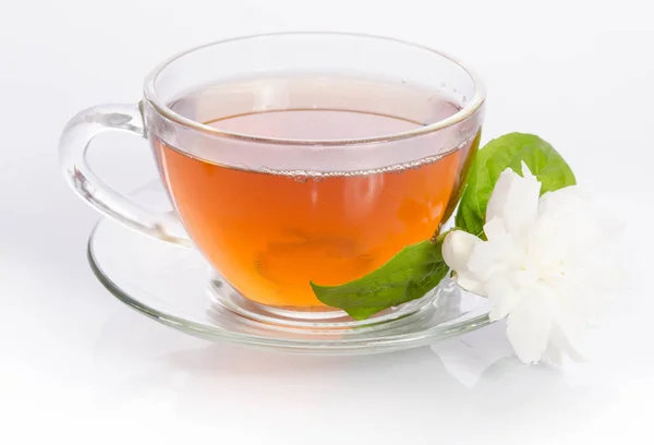 Glas Tee Mit Jasminblüten Und Blättern — Stockfoto