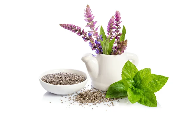 Chiafrön Friska Superfood Med Blomma Isolerad Vit Bakgrund — Stockfoto