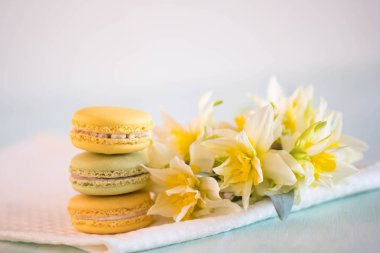 güzel sarı çiçekli havlu üzerinde renkli macarons
