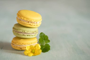 Macarons mavi ahşap masa üzerinde güzel sarı çiçek