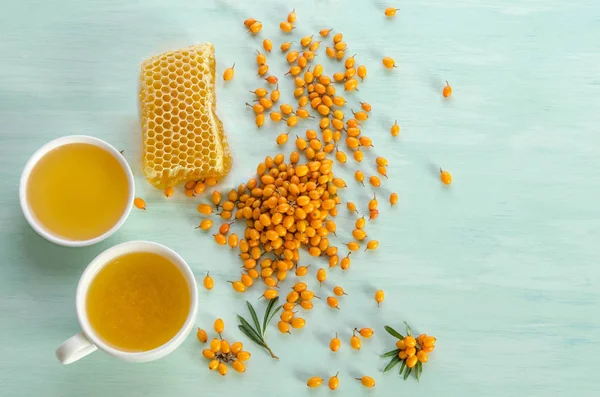 Sea Buckthorn Honey Cup Tea Sea Buckthorn Blue Table Top — Stock Photo, Image