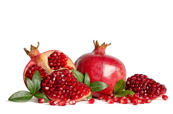 Whole Pomegranates Three Parts Pomegranate Leaves Seeds Isolated White — Stock Photo, Image