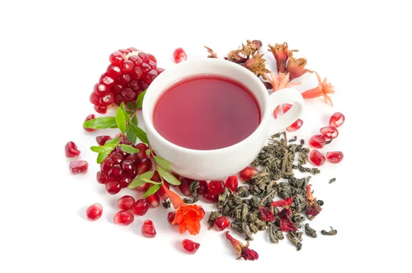 Parts Pomegranate Pomegranate Seeds Leaves Flowers Dry Tea Carcade Full — Stock Photo, Image