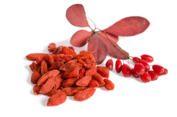 Zweig Reifer Roter Berberitzen Und Getrockneter Goji Beeren Isoliert Auf — Stockfoto