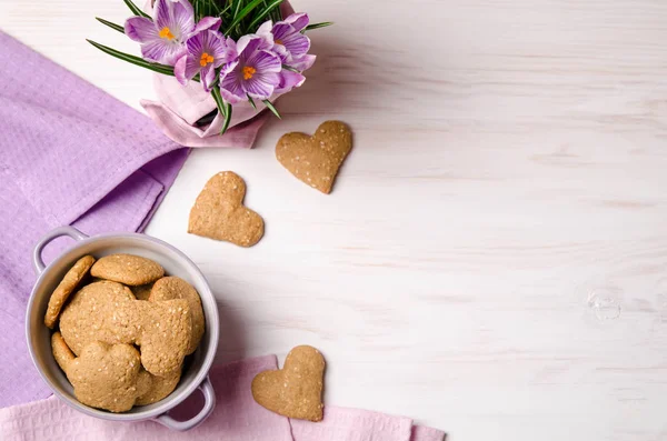 Lilac Crocuses Sesame Dry Cookies Form Heart Light Wooden Table — Stock Photo, Image
