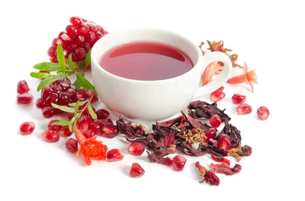 Parts Pomegranate Pomegranate Seeds Leaves Flowers Dry Tea Carcade Full — Stock Photo, Image