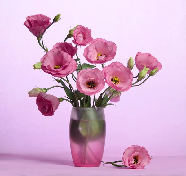 Délicat Bouquet Fleurs Eustomes Roses Dans Vase Verre Sur Fond — Photo
