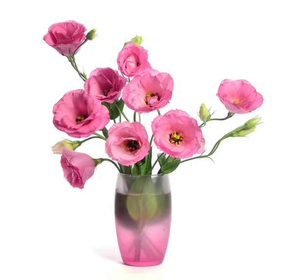 Kytice Růžové Eustom Květiny Skleněné Váze Bílém Pozadí — Stock fotografie