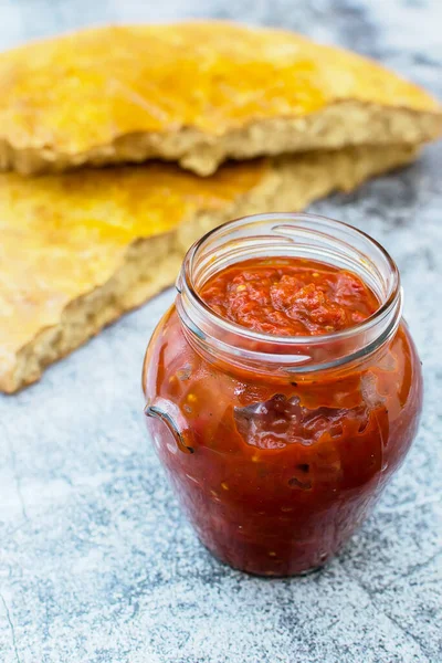 Dish Minced Peppers Tomatoes Spices Cooked Pulp Bulgarian Traditional Lutenitsa — Stock Photo, Image