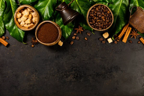 Coffee composition on dark rustic background — Stock Photo, Image