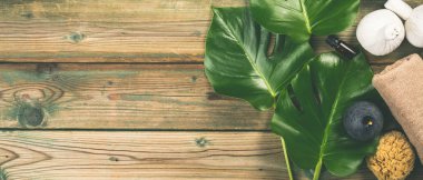 Monstera yaprakları ve kozmetik ürünleriyle düzleştirilmiş