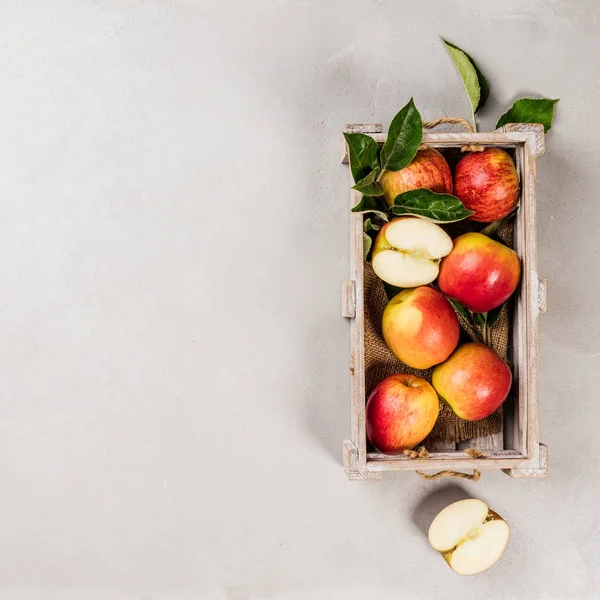 Olgun organik elma içinde ahşap tepsi — Stok fotoğraf