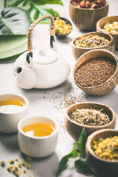 Surtido de té seco en cuencos de coco . — Foto de Stock