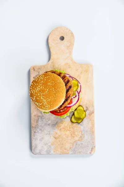 Homemade hamburgers, flat lay — Stock Photo, Image