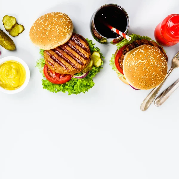 Homemade hamburgers, flat lay — Stock Photo, Image