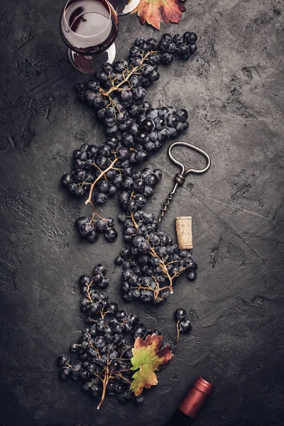 Вино Виноградом Листям Пробками Темному Тлі Копіспазмом Плоским Шаром — стокове фото