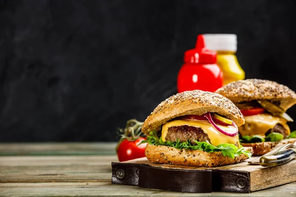 Homemade Beef Ciabatta Hamburgers Wooden Background Space Text — Stock Photo, Image