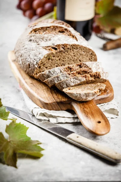 Freshly Baked Traditional Bread Wine Rustic Table — Stock Photo, Image