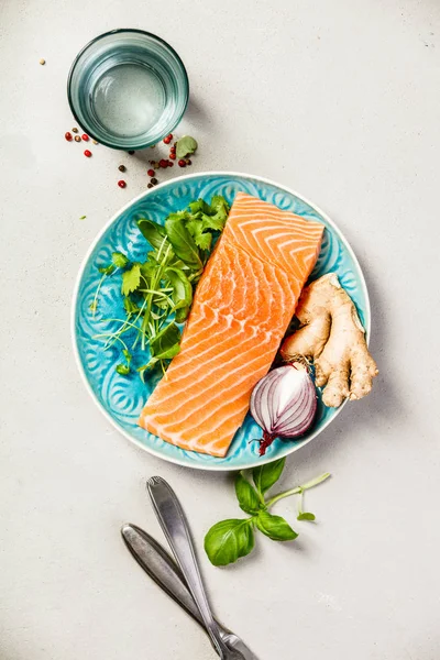 Raw Salmon Fillet Ingredients Cooking Concrete Background Rustic Style Top — Stock Photo, Image