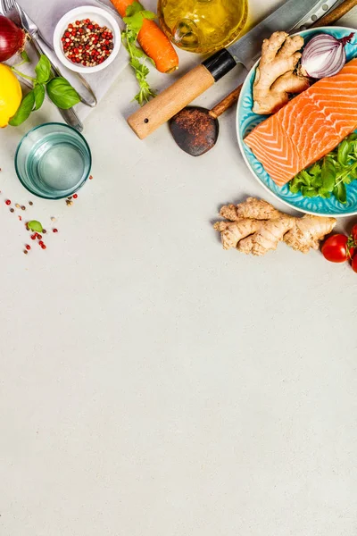 Raw salmon fillet and ingredients for cooking — Stock Photo, Image