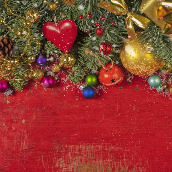 Jul dekorationer bakgrund - ovanifrån, platt låg — Stockfoto