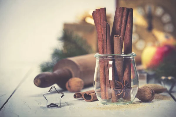 Ingredients for cooking christmas baking on white wood background — Stock Photo, Image