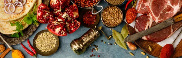 Middle eastern or arabic tradition ingredients, flat lay — Stock Photo, Image