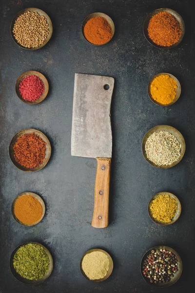 Různé misky koření a maso nůž — Stock fotografie
