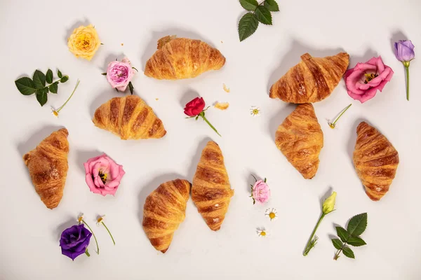 Delicious Fresh Mini Croissants Flowers White Background Flat Lay Minimalistic — Stock Photo, Image