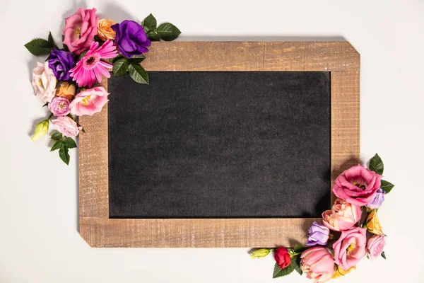 Summer Flowers Frame Composition Made Chalkboard Various Colorful Pastel Garden — Stock Fotó