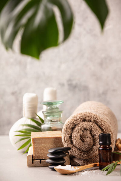 Accessories for spa procedures. Natural ingredients for beauty. Space for text
