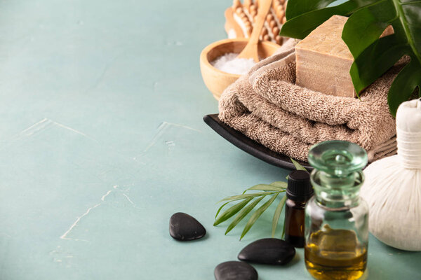 Accessories for spa procedures. Natural ingredients for beauty. Space for text