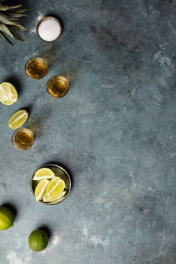 Altın tekila limon ve tuz ile düz yatıyordu