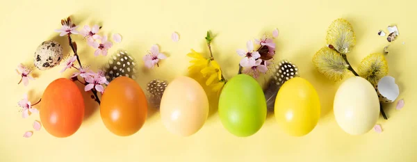Huevos Tradicionales Pintados Para Vacaciones Pascua Flores Primavera Plumas Sobre — Foto de Stock