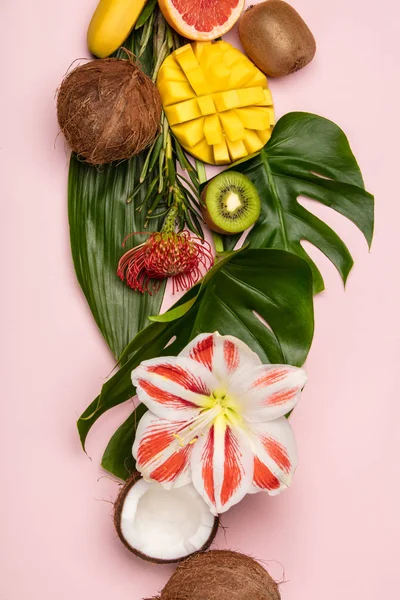 Deitado plano criativo com frutas e plantas tropicais — Fotografia de Stock