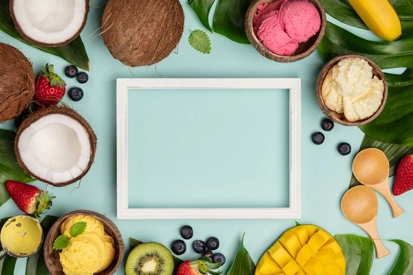 Frutas Plantas Tropicais Com Variedade Sorvete Cascas Coco Sobre Fundo — Fotografia de Stock