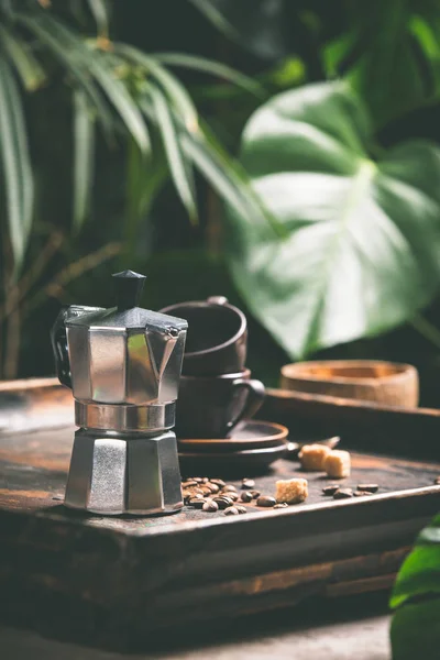 Kawa i liści tropikalny tło, z bliska — Zdjęcie stockowe