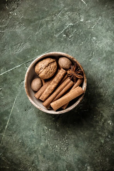 Set of spices on rustic background, flat lay — Stock Photo, Image