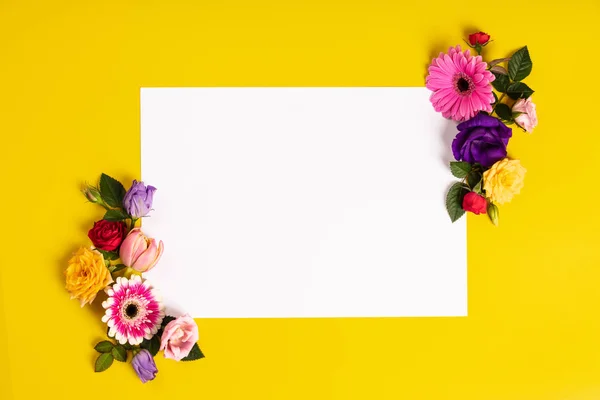 Creatieve lay-out gemaakt met prachtige bloemen op gele achtergrond. — Stockfoto