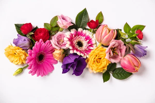 Kreativní vzhled vyrobený z krásných květin na bílém pozadí. — Stock fotografie