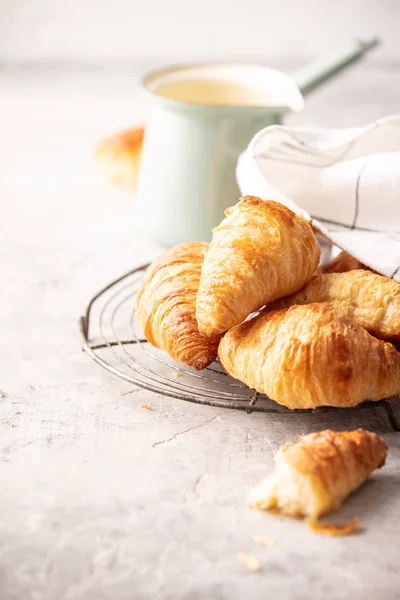 Délelőtti kávé, croissant és tavaszi tulipánok világosszürke háttérrel — Stock Fotó