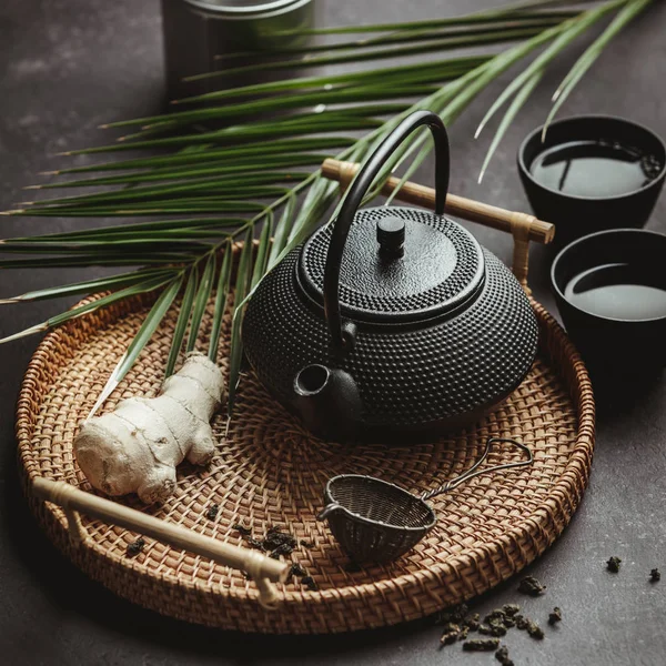 Traditional Asian tea ceremony arrangement, top view — Stock Photo, Image