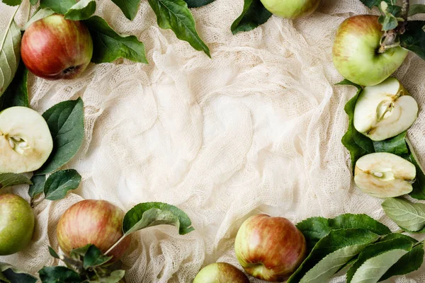 Maturare mele biologiche bordo, posa piatta, spazio per il testo — Foto Stock