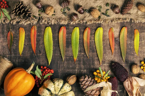 Herbst-Hintergrund - Fallendes Laub und gesunde Ernährung auf altem Holztisch — Stockfoto