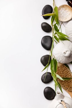 Masaj sıkıştırma topları, taşlar, deniz tuzu, fırça ve çaydanlık ile Spa arka plan