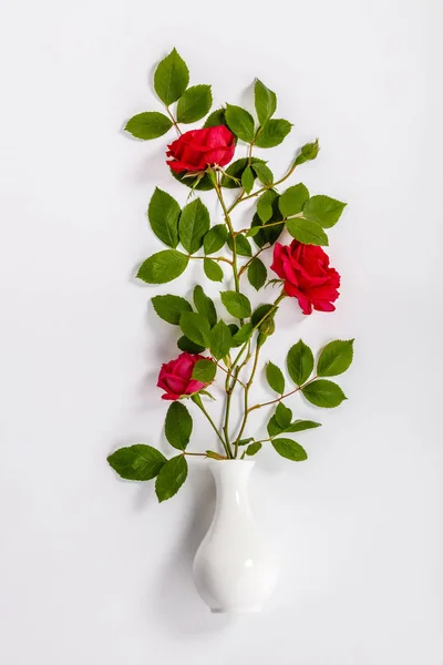 Rote Rosen und weiße Vase auf weißem Hintergrund — Stockfoto